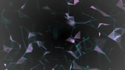 Poster - Machine learning. Blue lines, green dots, pink triangles. Plexus Business cinematographic background. Dark gray background. Depth of field. Place for text. Seamless loop.