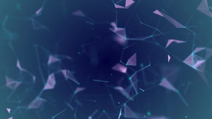 Poster - Machine learning. Blue lines, green dots, pink triangles. Plexus Business cinematographic background. Dark blue background. Depth of field. Place for text. Seamless loop.