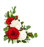 Red and white rose flowers with eucalyptus leaves in a corner arrangement