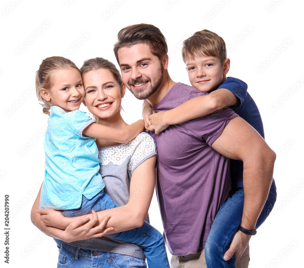 Portrait of couple with children on white background. Happy family - obrazy, fototapety, plakaty 