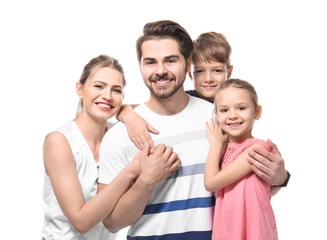 Wall Mural - Portrait of couple with children on white background. Happy family