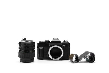 single-lens reflex camera, lens and film, isolated on white background