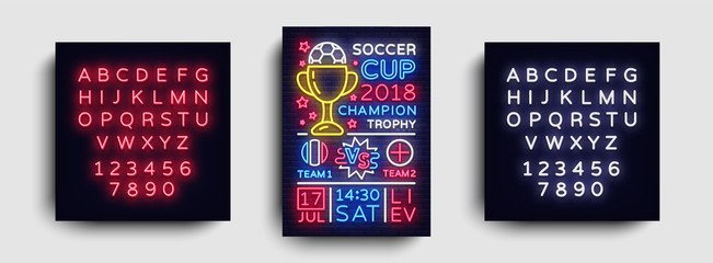 Wall Mural - Soccer Tournament flyer vector. European Football Championship poster, neon sign, design template for brochure for soccer, soccer cup, light neon football advertisement. Vector. Editing neon sign