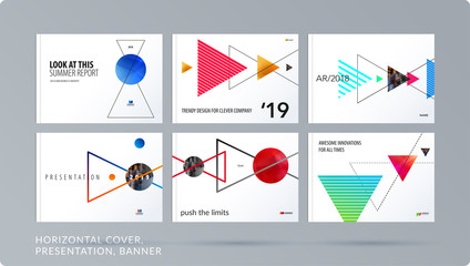 Wall Mural - Triangular design presentation template with colourful triangles shadows. Abstract vector set of modern horizontal banners