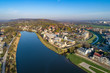 Krakow, Poland. Slawator district with Norbertine nunnery, church, Vistula and Rudawa rivers and far view of Kosciuszko Mound. Aerial photo