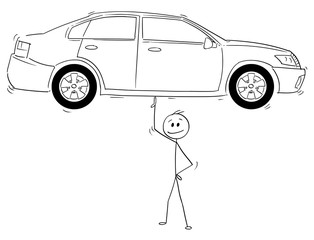 Poster - Cartoon stick man drawing conceptual illustration of businessman balancing car on one finger with easy or effortless. Business concept of car leasing or running costs.