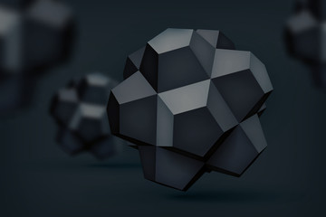 Poster - Volume polyhedron black stars, 3d vector object, blurred shapes, geometry forms, dark crystals, mesh version, abstract elements for you design project 