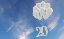 Number 20 Party Celebration. Number Attached To A Bunch Of White Balloons Against Blue Sky