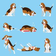 Cool Illustration With Friendly Funny Beagle Puppy In Various Poses. My Lovely Pet Concept. Vector Set In Flat Style