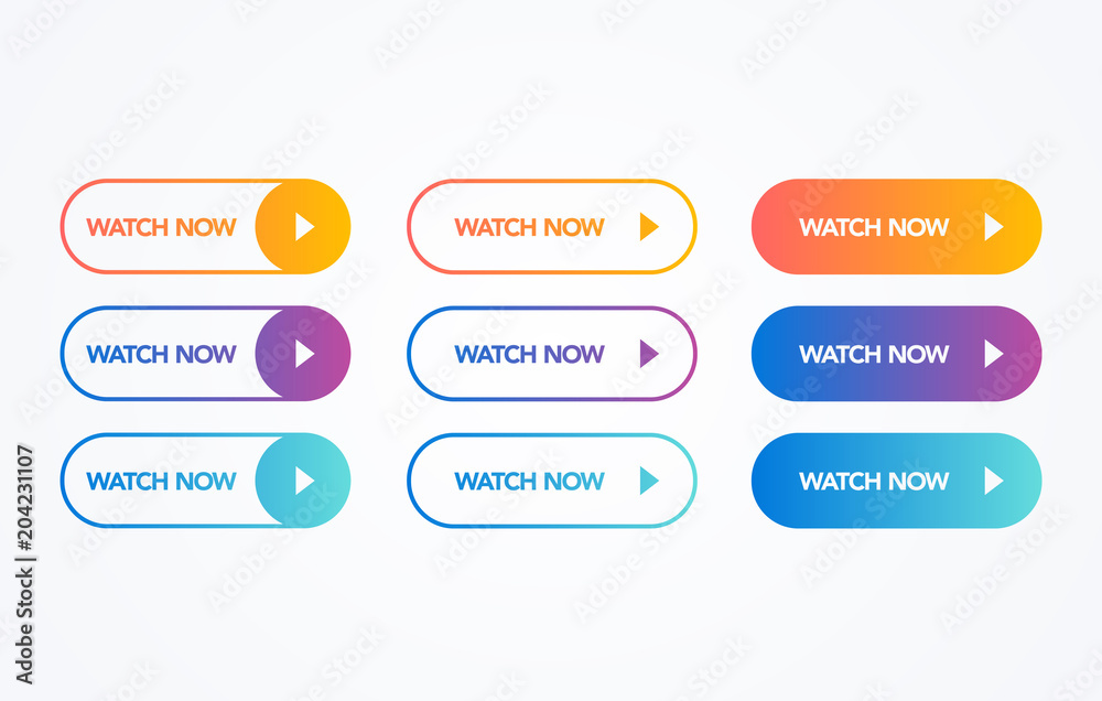 vector illustration watch now colorful button set on white background ...