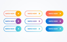 Vector Illustration Watch Now Colorful Button Set On White Background. Flat Line Gradient Button Collection. Web Element