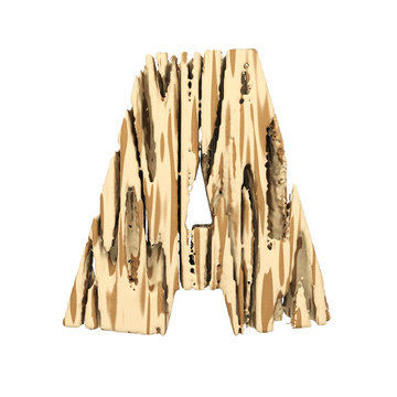 Alphabet letter A uppercase. Wood font made of brown and yellow rough pine. 3D render isolated on white background.