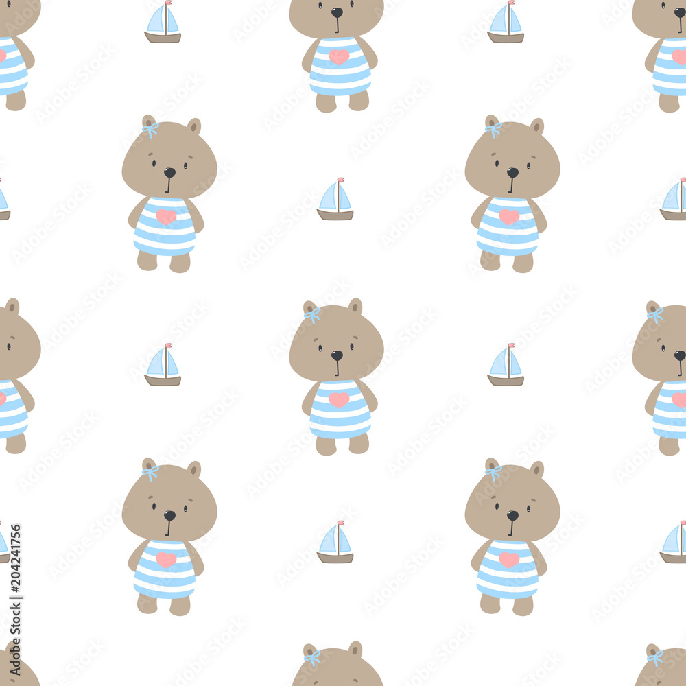Seamless pattern with cute little bear sailor. Marine children ...