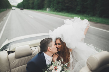 Just married couple in the luxury retro car on their wedding day