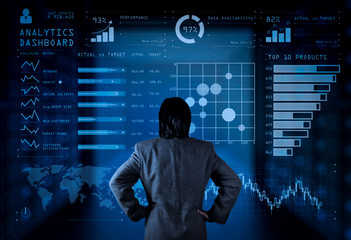 Poster - Financial report data of business operations (balance sheet and  income statement and diagram) as Fintech concept.Businessman working with virtual dashboard computer screeen.