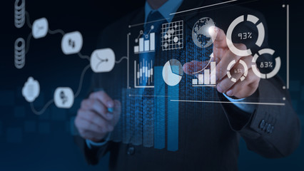 Aufkleber - Data Management System (DMS) with Business Analytics concept. businessman working with provide information for Key Performance Indicators (KPI) and marketing analysis onn virtual computer