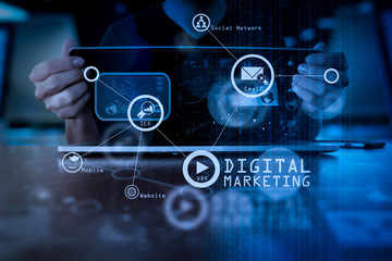 Poster - business man hand working on laptop computer with digital layer business strategy and social media diagram on wooden desk