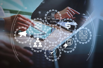 Poster - Business team meeting present. Photo professional investor working with new startup project. Finance managers meeting.Digital tablet laptop computer design smart phone using, keyboard