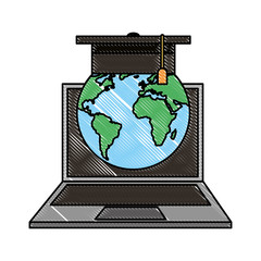 Sticker - e-learning laptop world graduate hat vector illustration