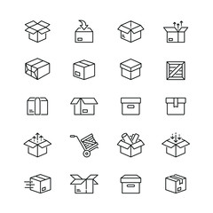 box related icons: thin vector icon set, black and white kit