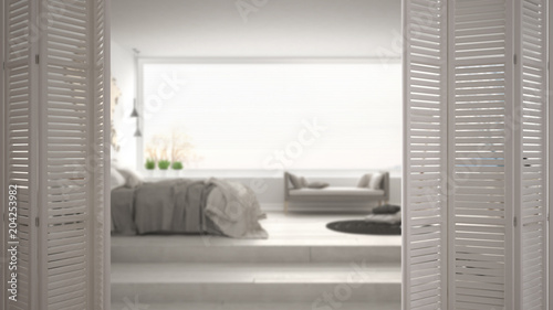 White Folding Door Opening On Modern Scandinavian Minimalist Bedroom With Panoramic Window White Interior Design Architect Designer Concept Blur Background Buy This Stock Photo And Explore Similar Images At Adobe Stock,Simple Low Cost Bedroom Interior Design Ideas