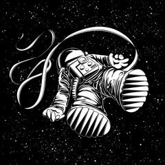 Lost astronaut illustration. Flying spaceman on black starry background.