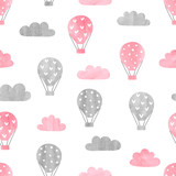 Fototapeta Fototapety na ścianę do pokoju dziecięcego - Seamless pattern with watercolor air balloons and clouds. Baby print, kids design.