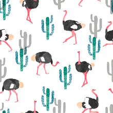 Seamless Pattern With Watercolor Ostrich And Cactus. Vector Trendy Background.