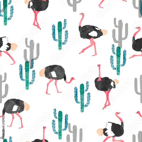 Photographie Seamless pattern with watercolor ostrich and cactus
