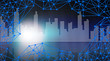 sieć połaczeń - miejska grafika z błękitną siatką linii połączonych punktami i panoramą wielkiego miasta w tle