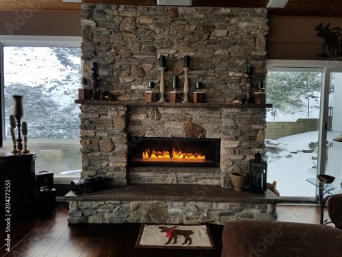 Fotomural Cozy Home/Vacation Spot With Fireplace A-Glow, in Warm Brown and Grey Tones; Mas