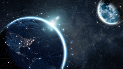 Wall Mural - global communication network concept network dots surrounding planet earth with focus on america. in