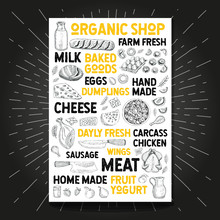 Food Poster Drawing Organic Market Farm Fresh. Sketch Hand Drawn Vector
