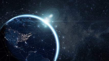 Wall Mural - global communication network concept network dots surrounding planet earth with focus on america. in