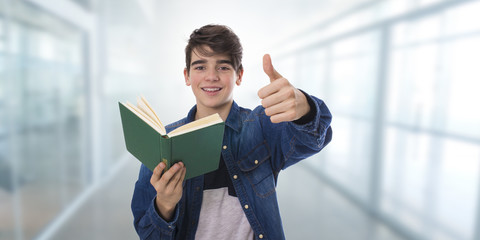 Sticker - teenage student with open book and sign of approval