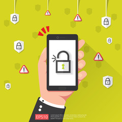 Poster - hand holding phone with open unlock padlock icon. attention access warning alert mark on screen. shield safe secure of personal user authorization, VPN internet protection. vector illustration