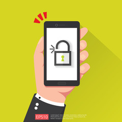 Wall Mural - hand holding phone with open unlock padlock icon. attention access warning alert mark on screen. shield safe secure of personal user authorization, VPN internet protection. vector illustration