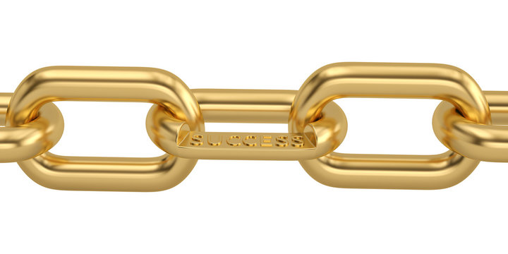 Gold chain with a sign of success isolated on white background.3D illustration.