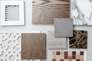 samples of material, wood , on concrete table.Interior design select material for idea.