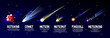 Vector cartoon outer space objects set. Glowing cold comet, meteorite, fast falling meteor, meteoroid and asteroid and hot bolide or fireball. Astronomy science cosmic objects on universe background