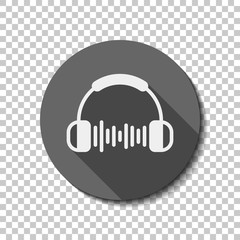 Poster - Headphones and music wave. Max volume level. Simple icon. White