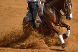 Fototapeta Nowy Jork - The side view of a rider in jeans, cowboy chaps and checkered shirt on a reining horse slides to a stop in the red clay an arena.