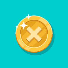 Poster - failure sign gold coin vector icon. flat cartoon golden metal money isolated on blue background.