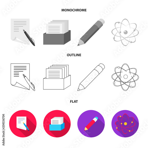 A Pen With Paper A Catalog In A Box A Red Pencil An Atom With A
