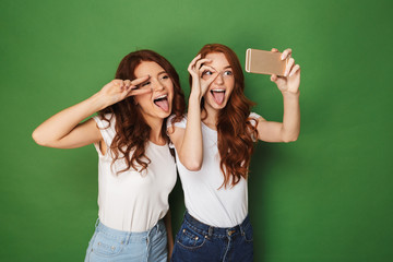 Wall Mural - Two cheerful young redhead girls taking a selfie