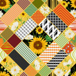 Seamless patchwork pattern with sunflowers, white chamomile flowers and geometric ornament. Vintage vector illustration in watercolor style. 