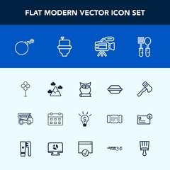 Modern, simple vector icon set with sky, electric, screwdriver, truck, bird, microphone, dumper, dump, fork, ventilator, vehicle, fan, axe, hammer, kitchen, weapon, war, blue, landscape, air icons