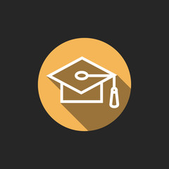 Poster - Elegant Universal White Minimalistic Thin Line Graduation Cap Icon with Shadows on Circular Color Button on Black Background 