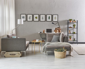 grey living room interior sofa and laptop.