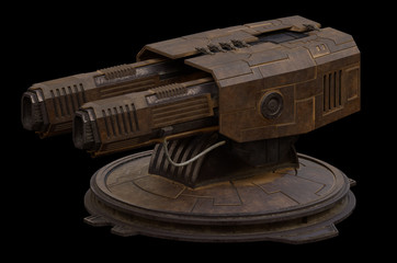 science fiction illustration of a large rotating gun turret isolated on black